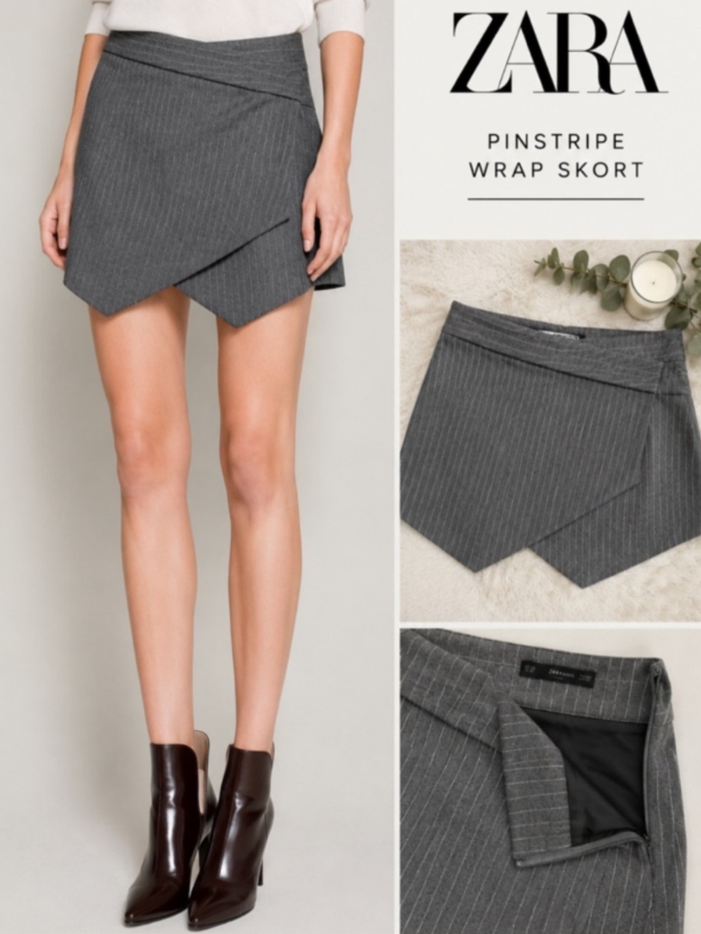 Zara Basic Gray Pinstripe Asymmetrical Wrap Mini Skort Size L